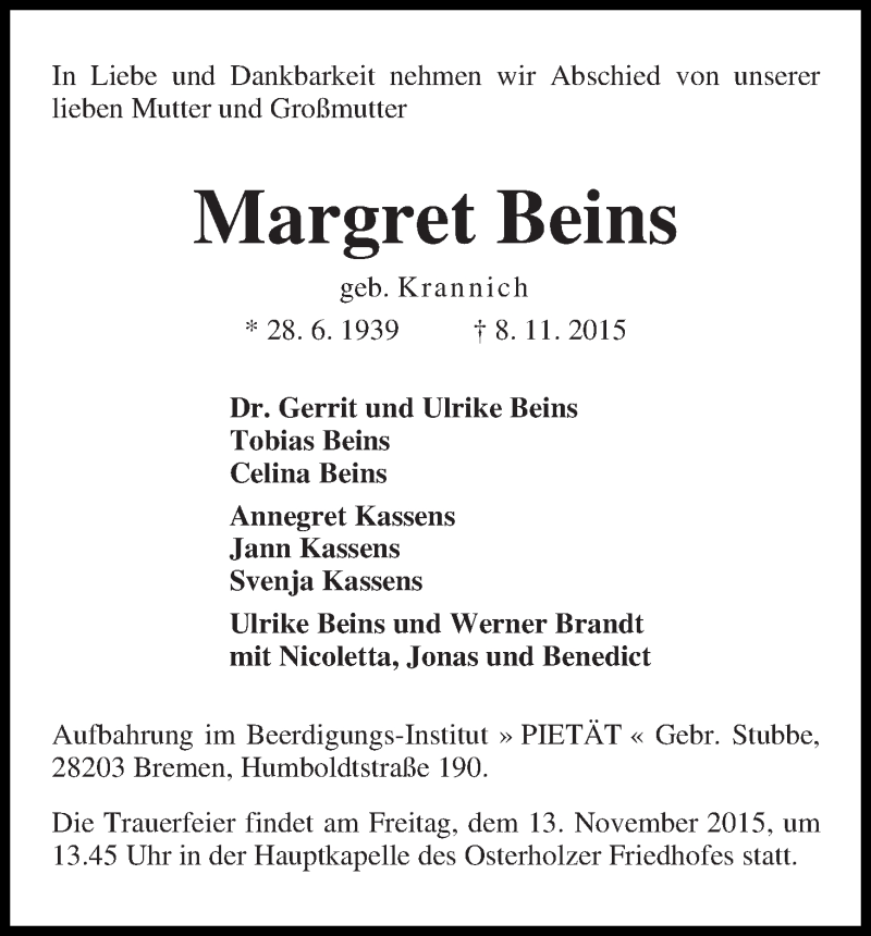 Traueranzeige von Margret Beins von WESER-KURIER