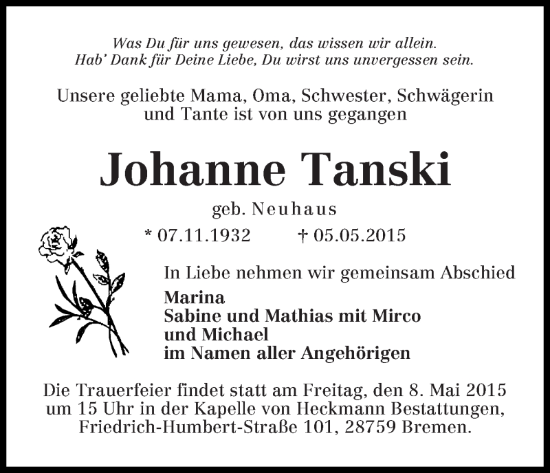 Traueranzeige von Johanne Tanski von Die Norddeutsche