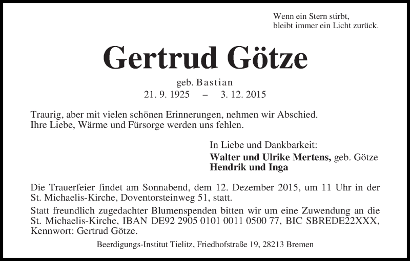 Traueranzeige von Gertrud Götze von WESER-KURIER