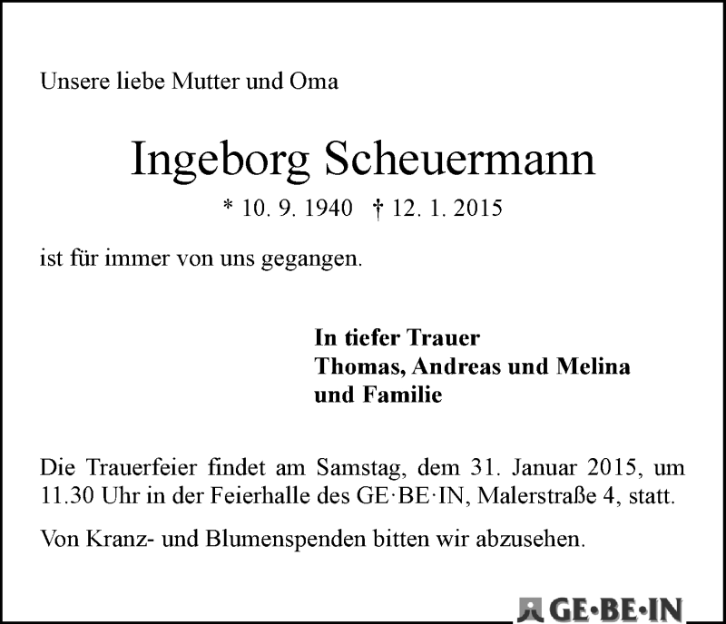 Traueranzeige von Ingeborg Scheuermann von WESER-KURIER