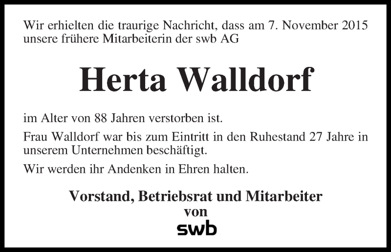 Traueranzeige von Herta Walldorf von WESER-KURIER