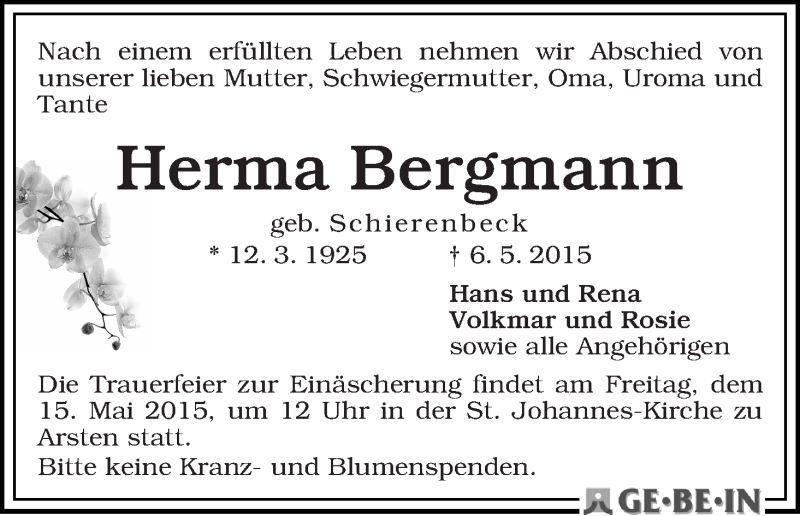 Traueranzeige von Herma Bergmann von WESER-KURIER