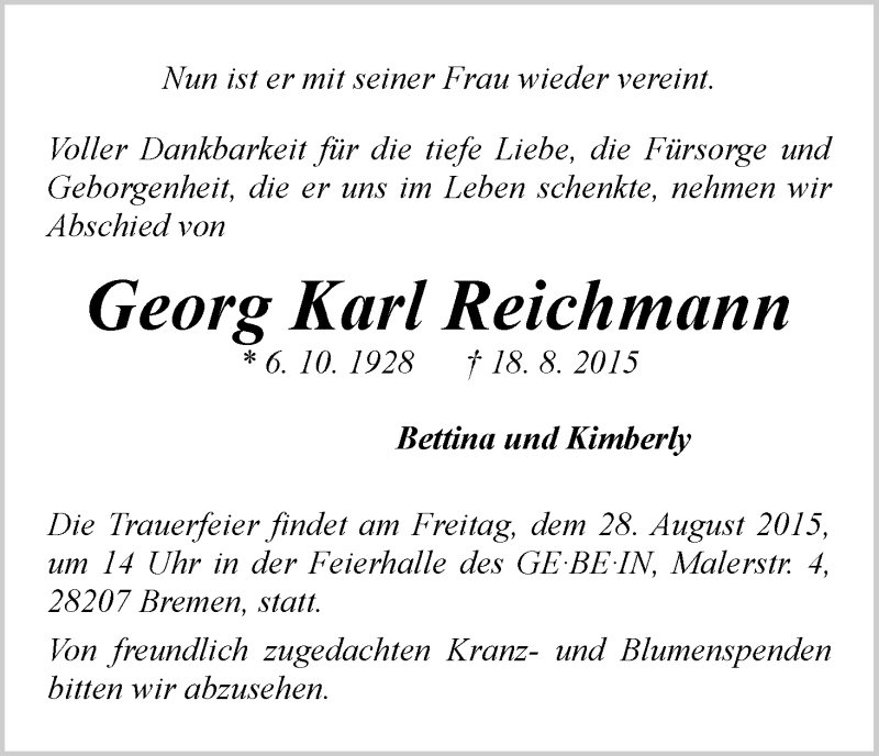 Traueranzeige von Georg Karl Reichmann von WESER-KURIER