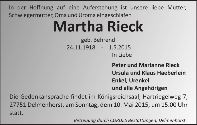 Traueranzeige von Martha Rieck von WESER-KURIER