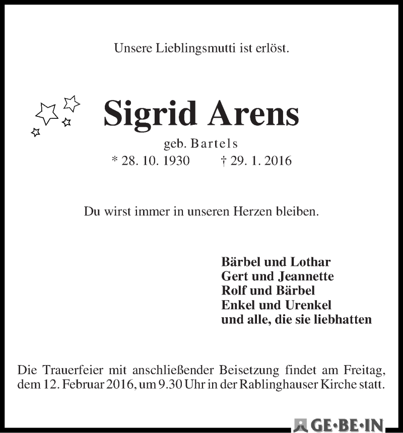 Traueranzeige von Sigrid Arens von WESER-KURIER