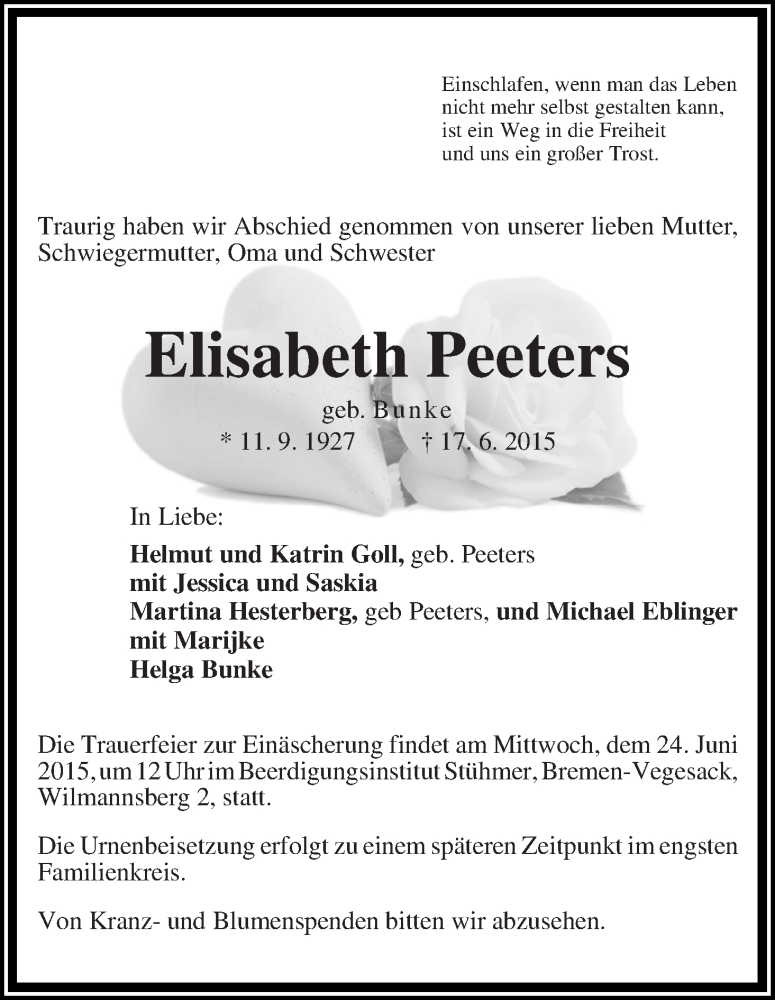 Traueranzeige von Elisabeth Peeters von Die Norddeutsche