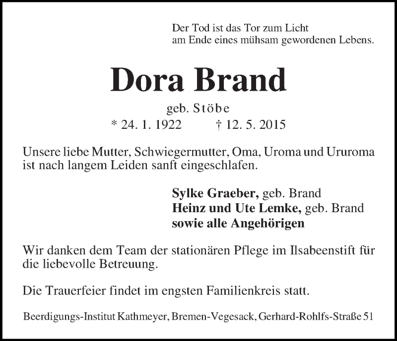 Traueranzeige von Dora Brand von Die Norddeutsche