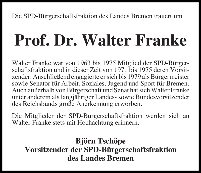 Traueranzeige von Walter Franke von WESER-KURIER