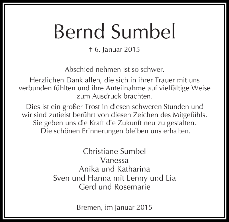 Traueranzeige von Bernd Sumbel von WESER-KURIER