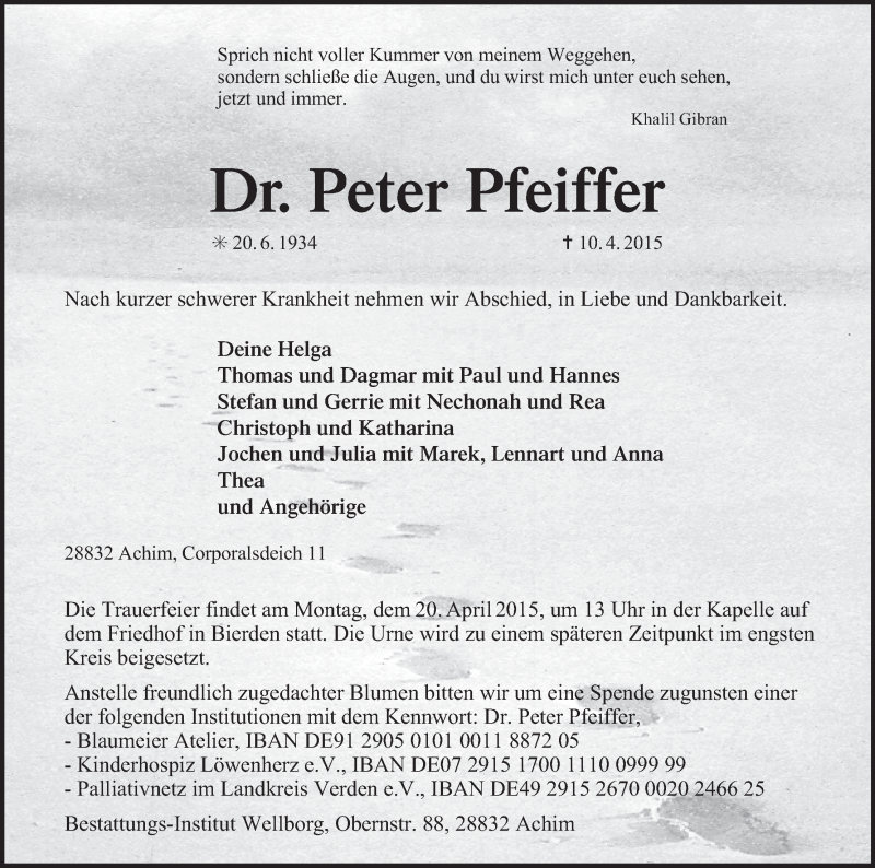 Traueranzeige von Peter Pfeiffer von WESER-KURIER