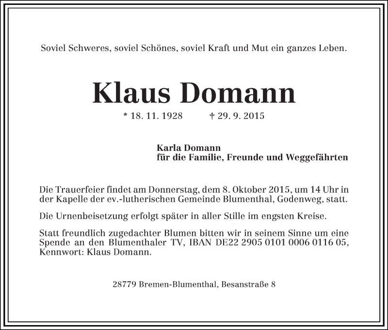 Traueranzeige von Klaus Domann von Die Norddeutsche