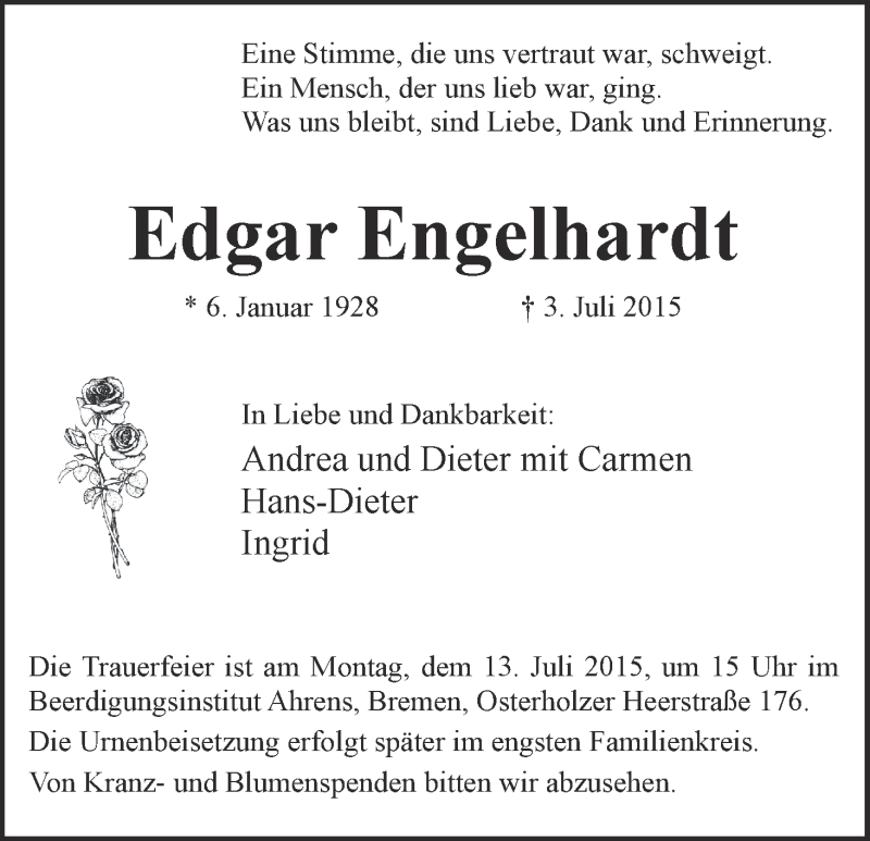 Traueranzeige von Edgar Engelhardt von WESER-KURIER