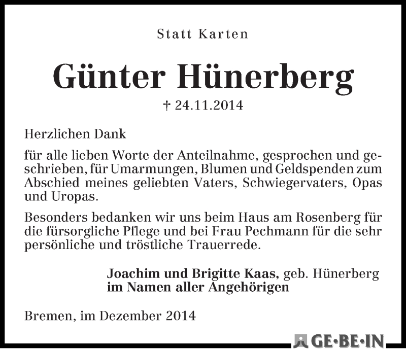 Traueranzeige von Günter Hünerberg von WESER-KURIER
