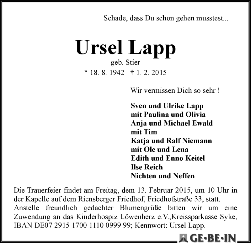 Traueranzeige von Ursel Lapp von WESER-KURIER