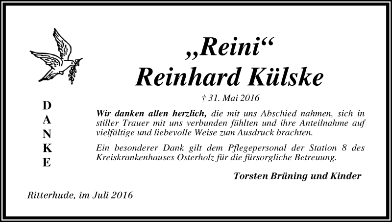 Traueranzeige von Reinhard Külske von Osterholzer Kreisblatt