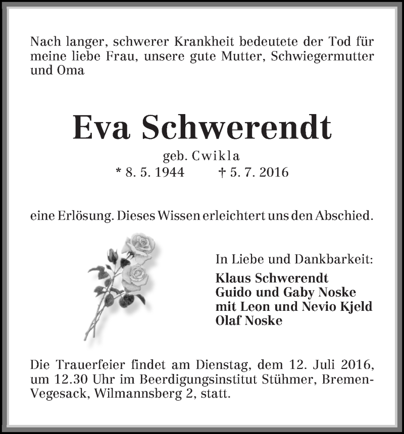 Traueranzeige von Eva Schwerendt von Die Norddeutsche