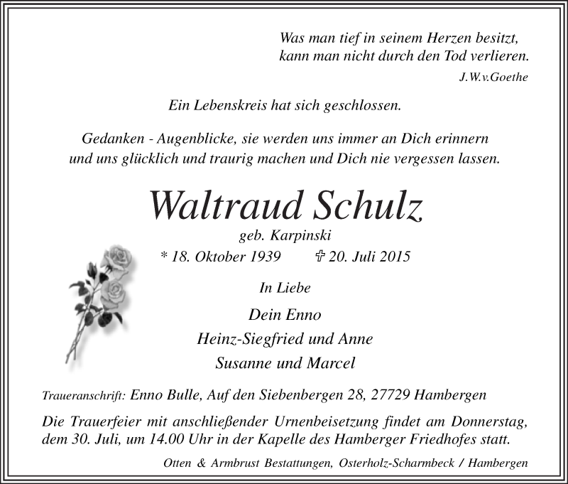 Traueranzeige von Waltraud Schulz von Osterholzer Kreisblatt