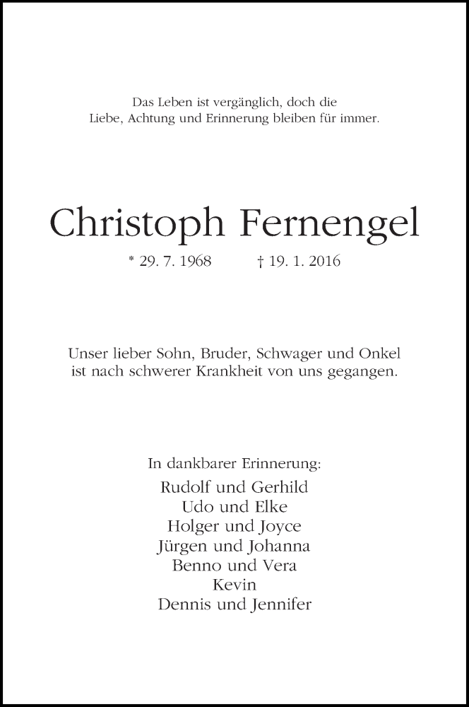 Traueranzeige von Christoph Fernengel von WESER-KURIER