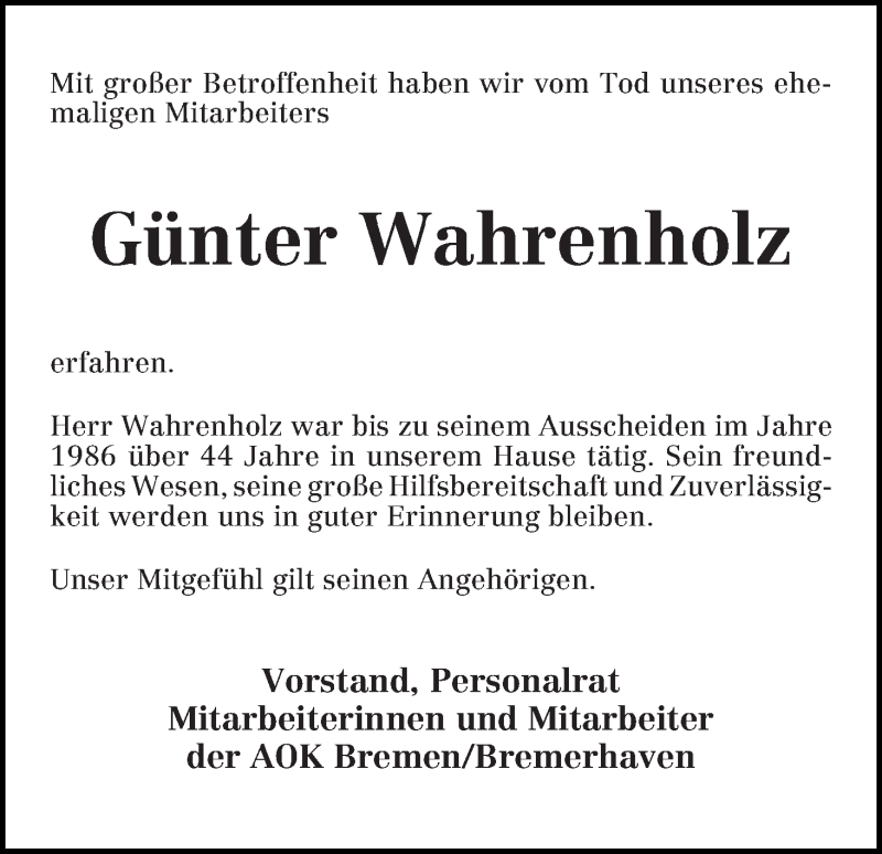 Traueranzeige von Günter Wahrenholz von WESER-KURIER