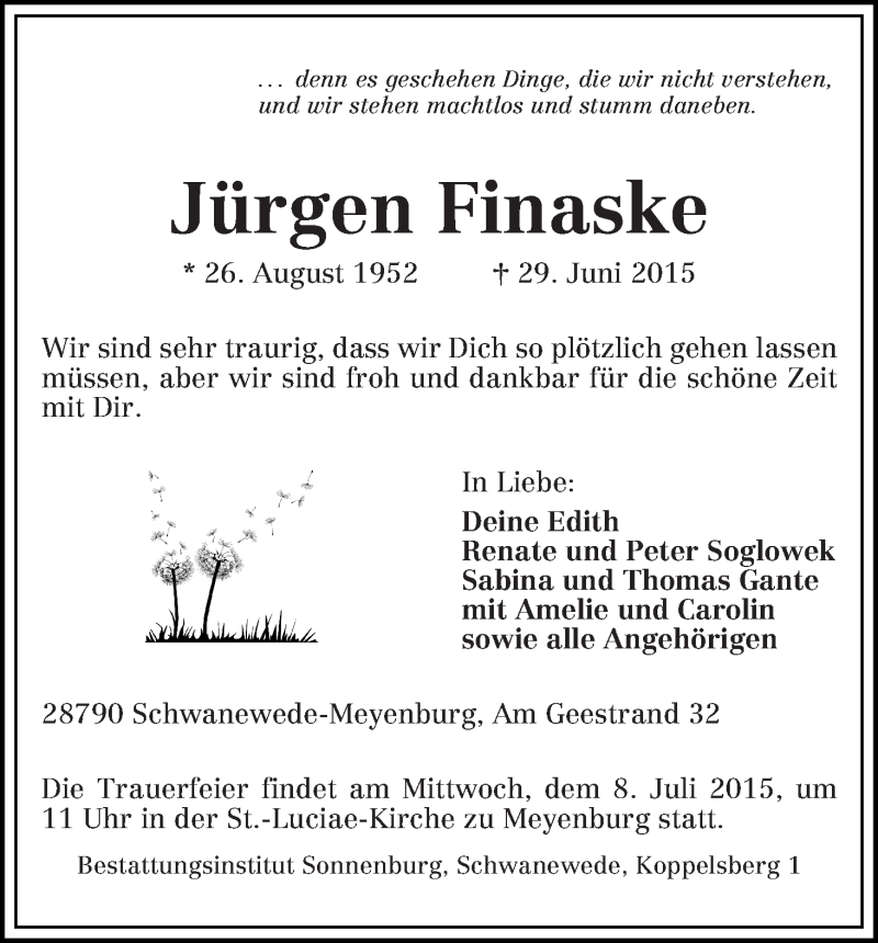 Traueranzeige von Jürgen Finaske von WESER-KURIER
