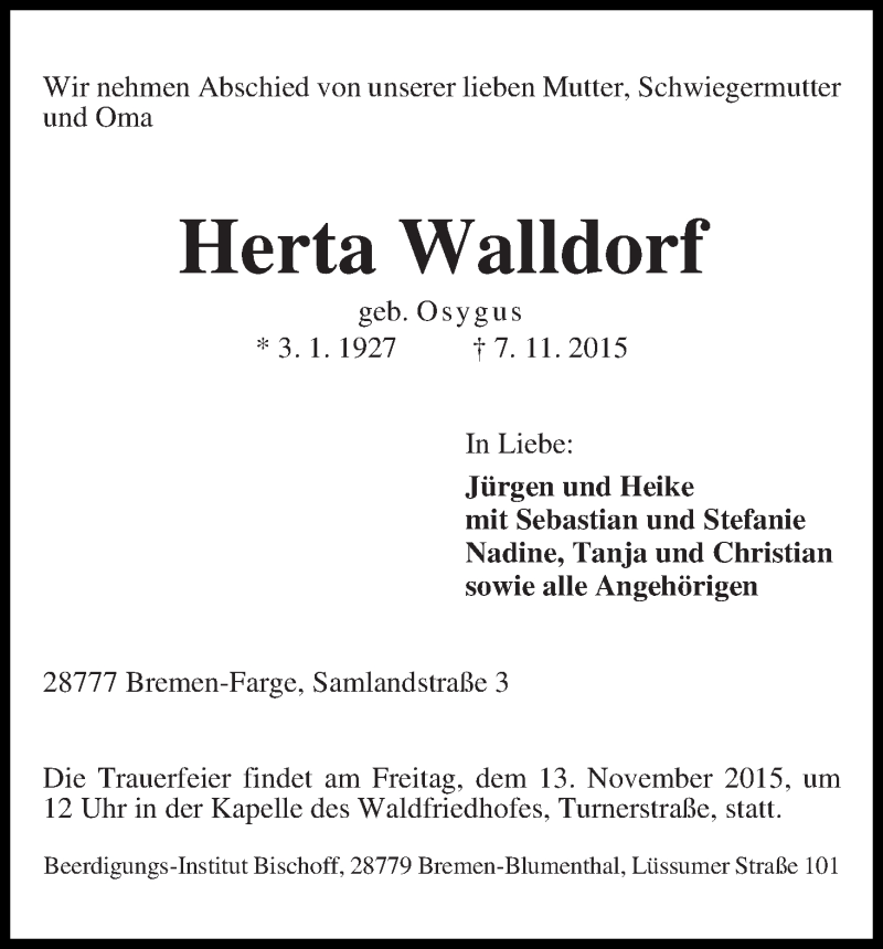 Traueranzeige von Herta Walldorf von Die Norddeutsche