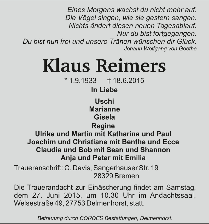 Traueranzeige von Klaus Reimers von WESER-KURIER