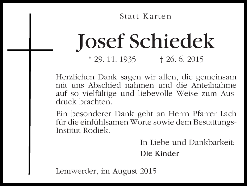 Traueranzeige von Josef Schiedek von Die Norddeutsche