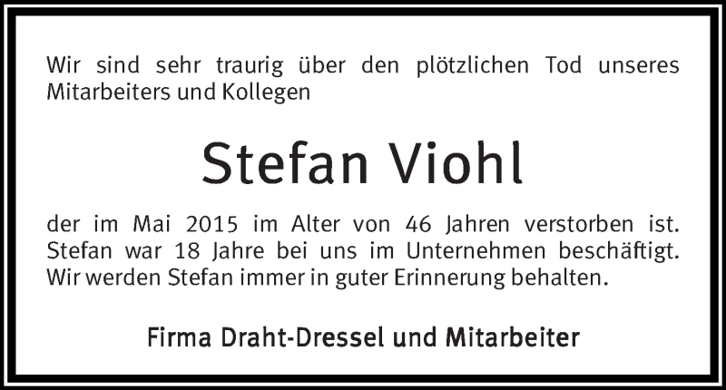 Traueranzeige von Stefan Viohl von Osterholzer Kreisblatt