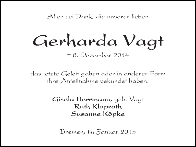 Traueranzeige von Gerharda Vagt von WESER-KURIER