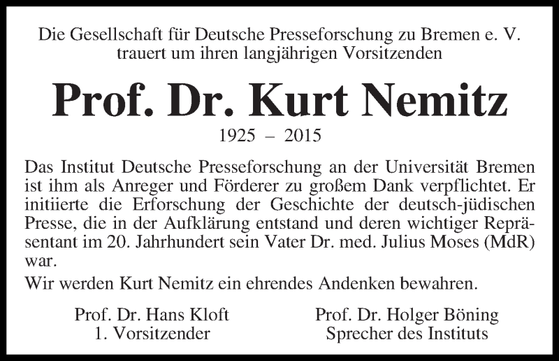Traueranzeige von Kurt Nemitz von WESER-KURIER