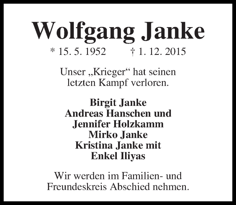 Traueranzeige von Wolfgang Janke von WESER-KURIER