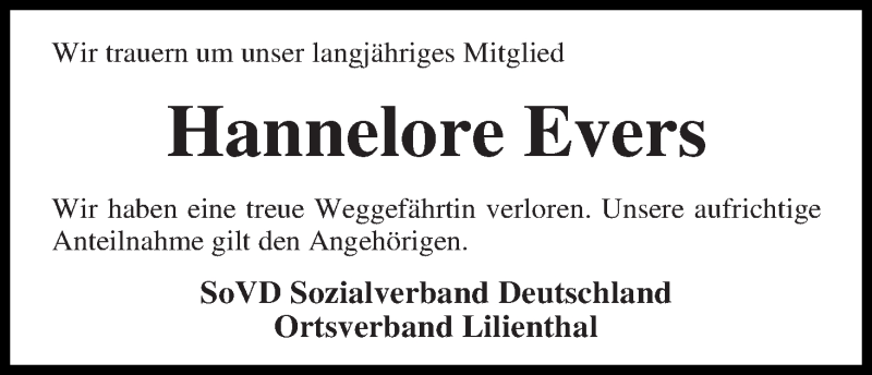 Traueranzeige von Hannelore Evers von Wuemme Zeitung