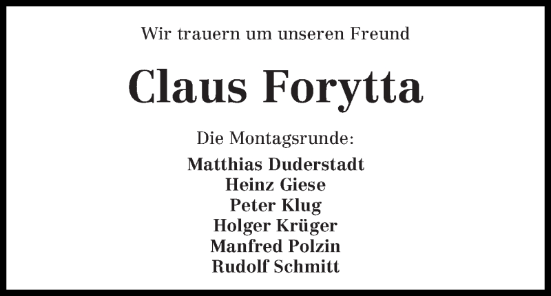 Traueranzeige von Claus Forytta von WESER-KURIER