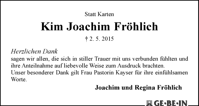 Traueranzeige von Kim Joachim Fröhlich von WESER-KURIER