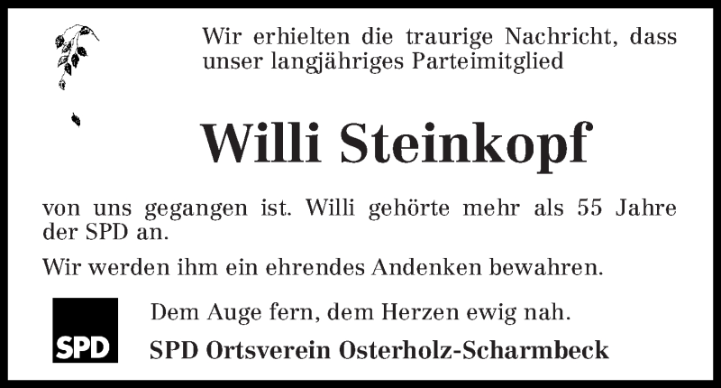Traueranzeige von Willi Steinkopf von Osterholzer Kreisblatt