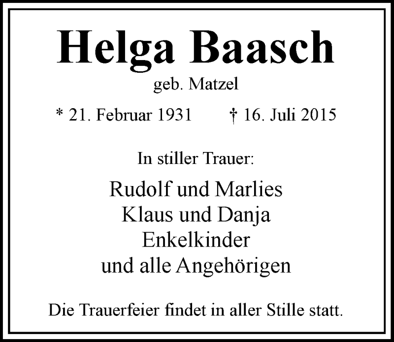 Traueranzeige von Helga Baasch von WESER-KURIER