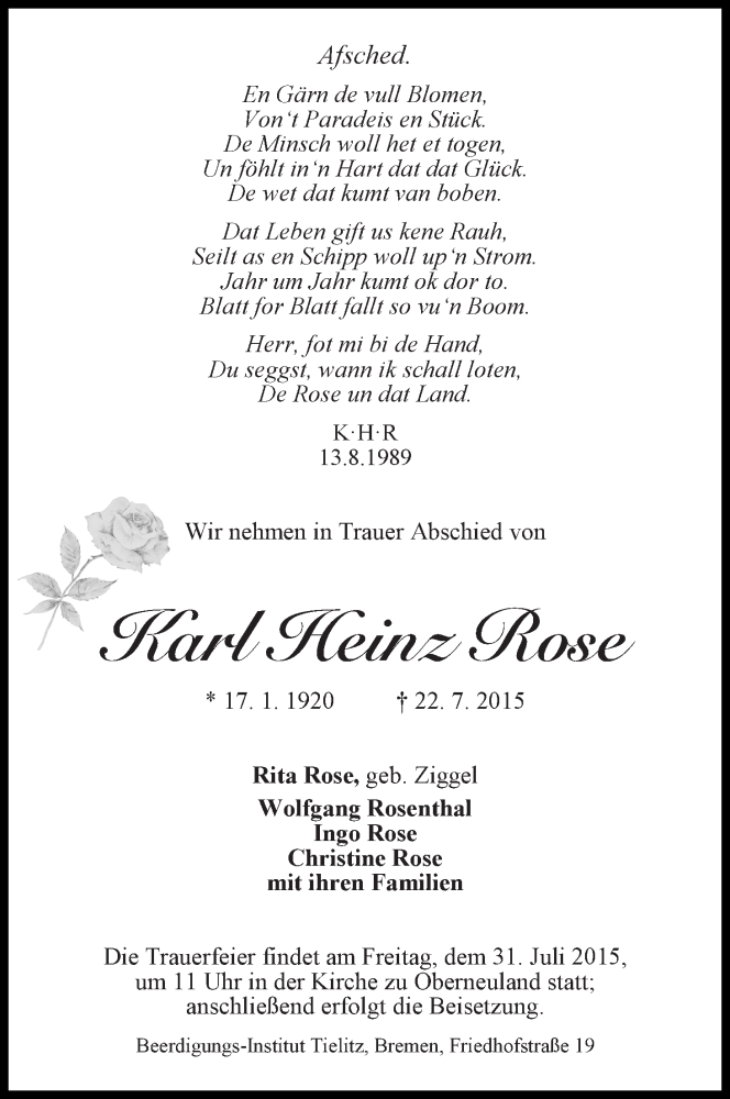 Traueranzeige von Karl Heinz Rose von WESER-KURIER