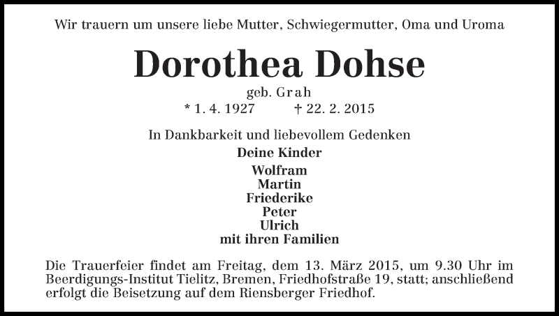 Traueranzeige von Dorothea Dohse von WESER-KURIER