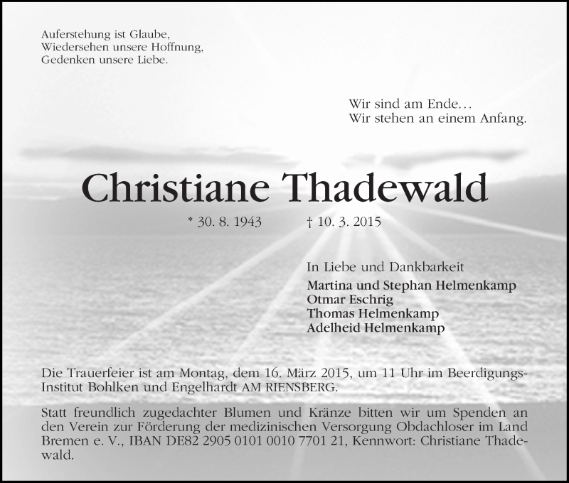 Traueranzeige von Christiane Thadewald von WESER-KURIER