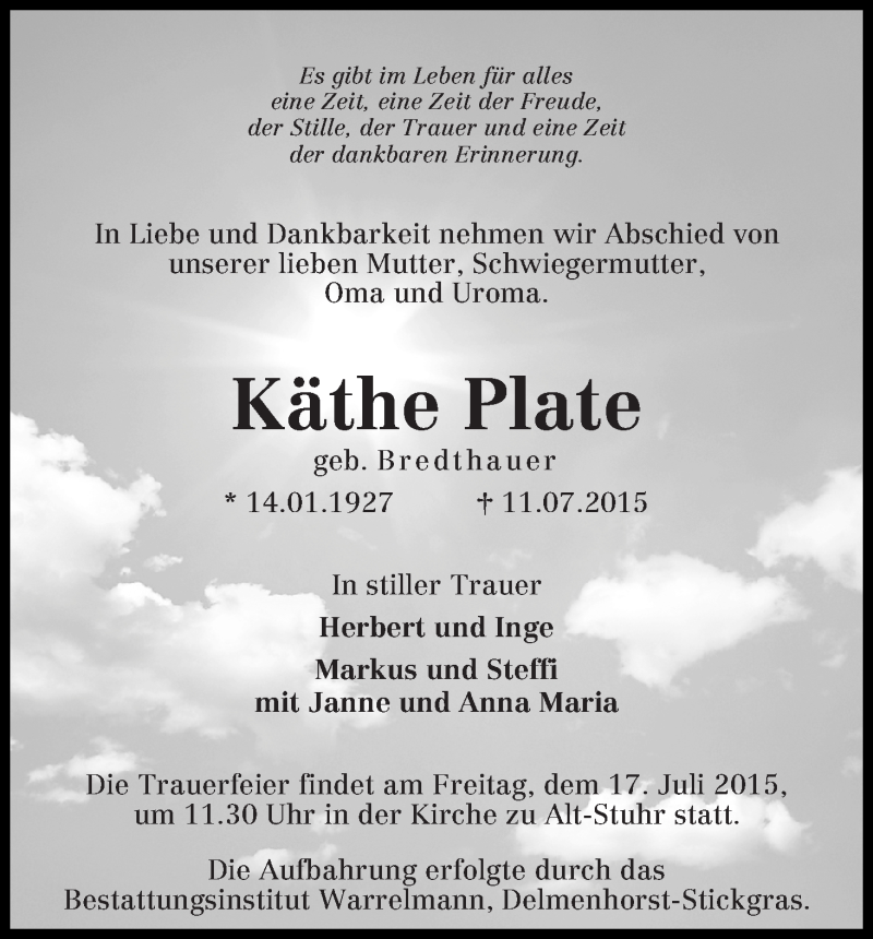 Traueranzeige von Käthe Plate von Regionale Rundschau/Syker Kurier