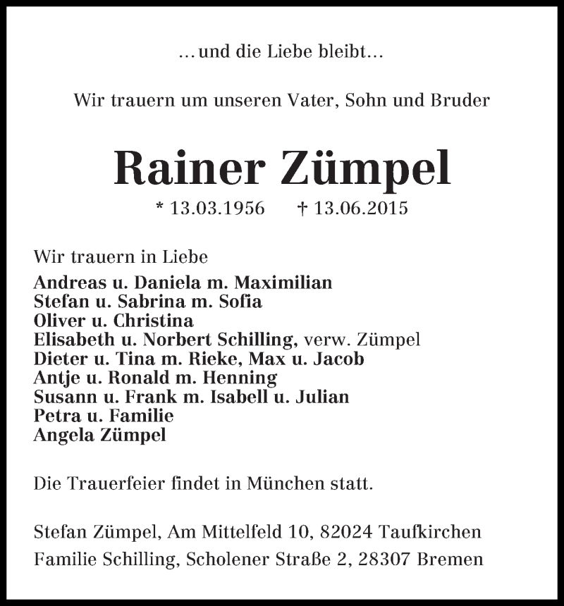 Traueranzeige von Rainer Zümpel von WESER-KURIER