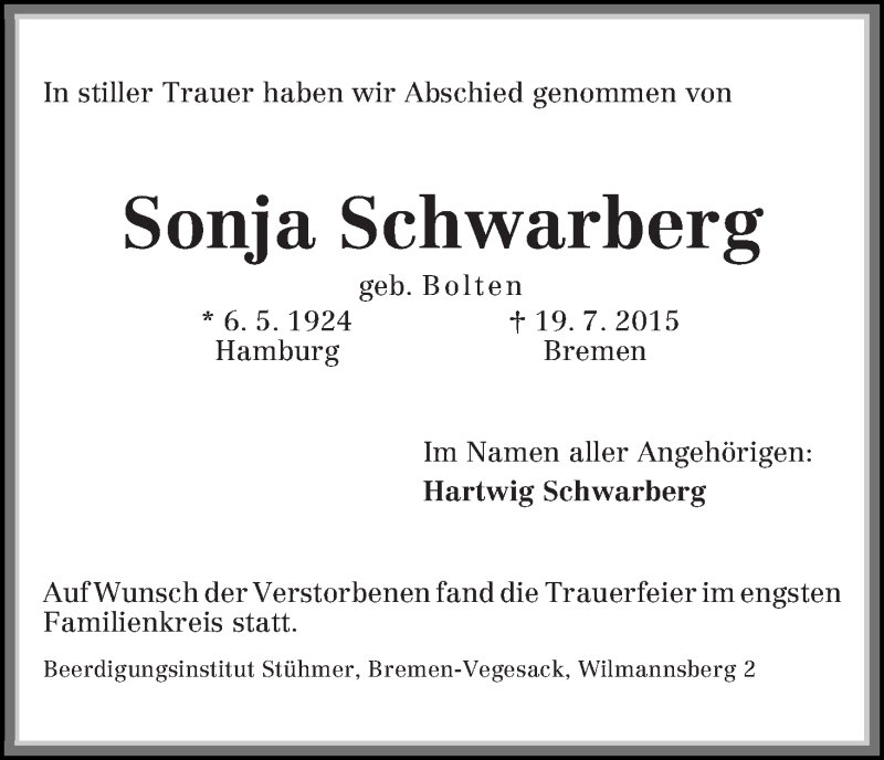 Traueranzeige von Sonja Schwarberg von Die Norddeutsche