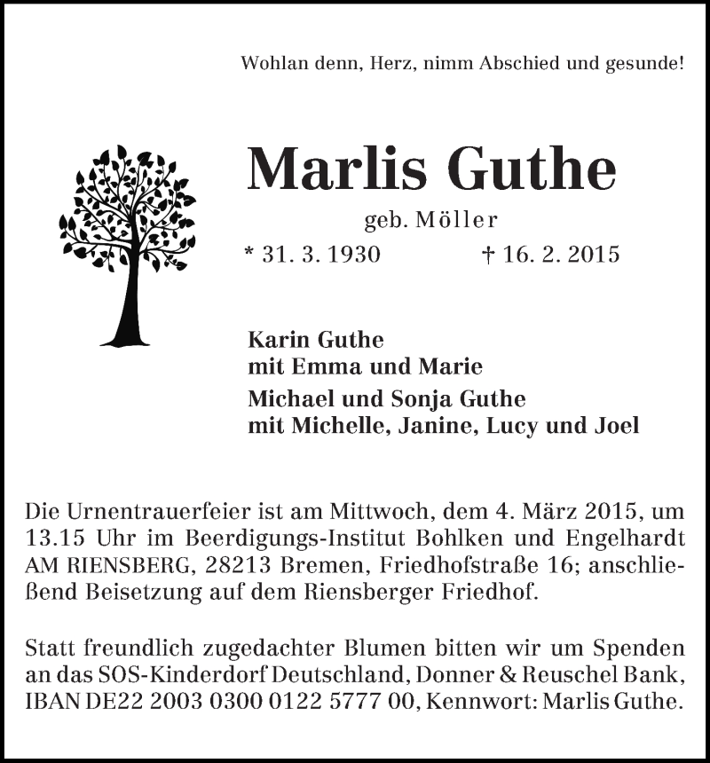 Traueranzeige von Marlis Guthe von WESER-KURIER