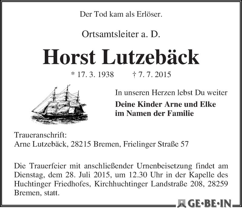 Traueranzeige von Horst Lutzebäck von WESER-KURIER