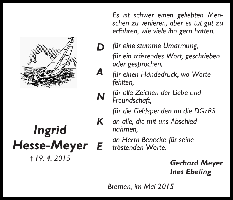 Traueranzeige von Ingrid Hesse-Meyer von WESER-KURIER