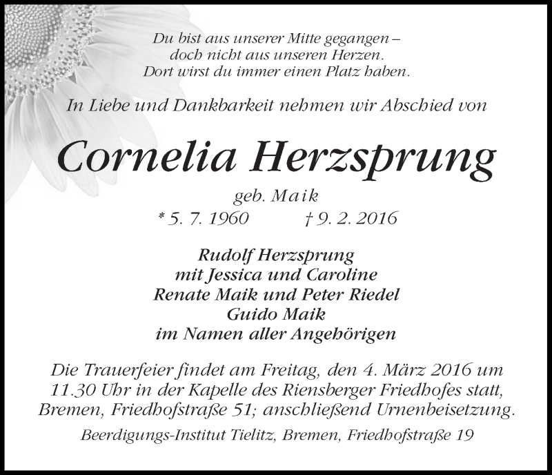 Traueranzeige von Cornelia Herzsprung von WESER-KURIER