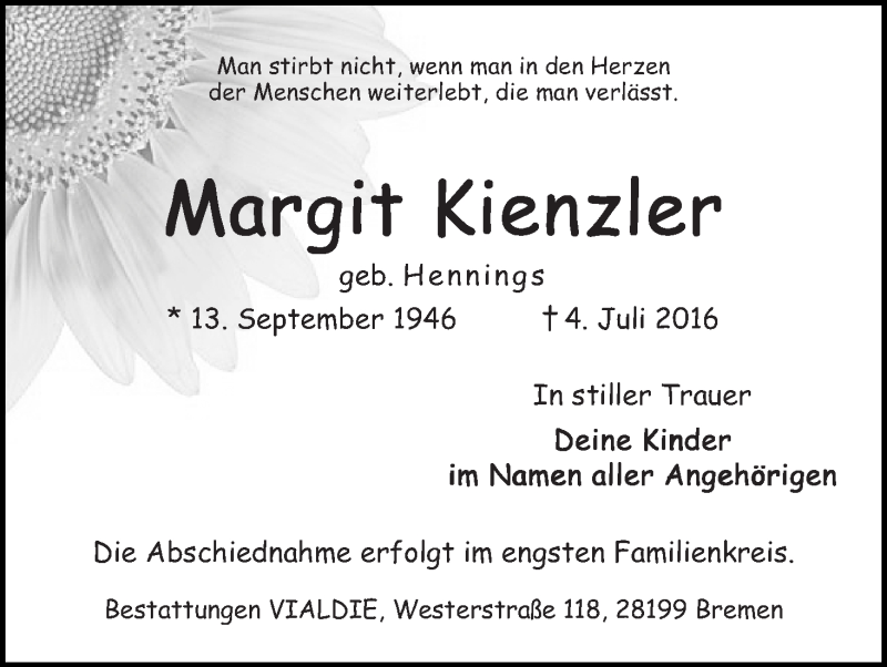 Traueranzeige von Margit Kienzler von WESER-KURIER