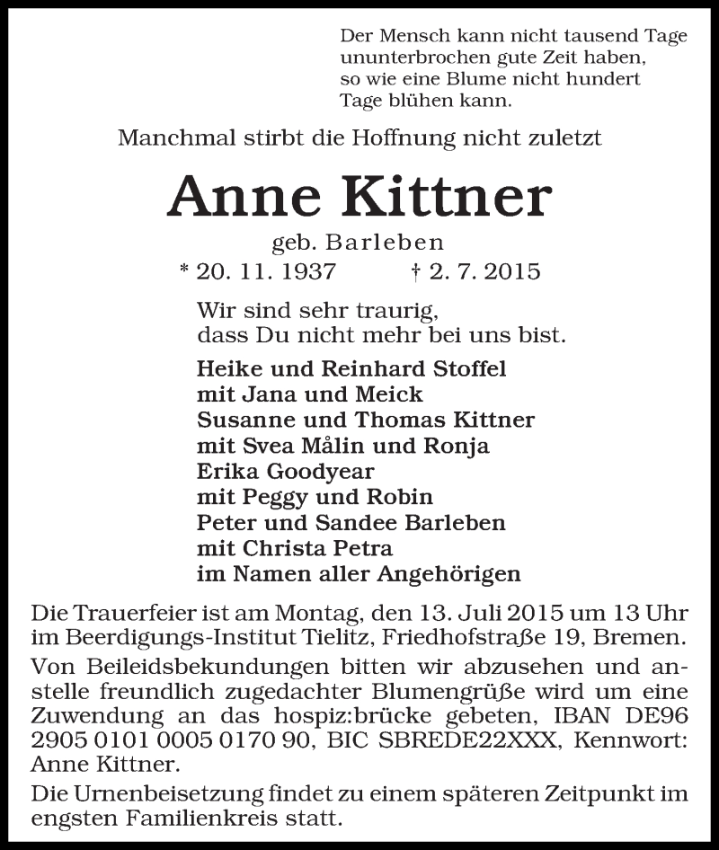 Traueranzeige von Anne Kittner von WESER-KURIER