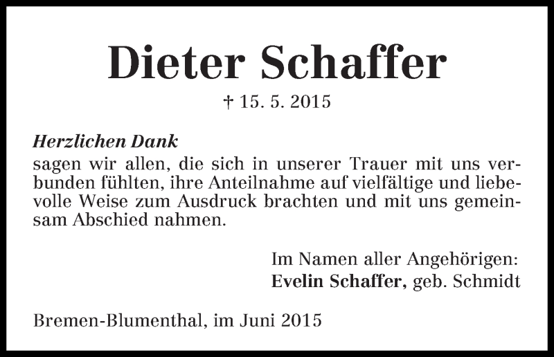 Traueranzeige von Dieter Schaffer von Die Norddeutsche