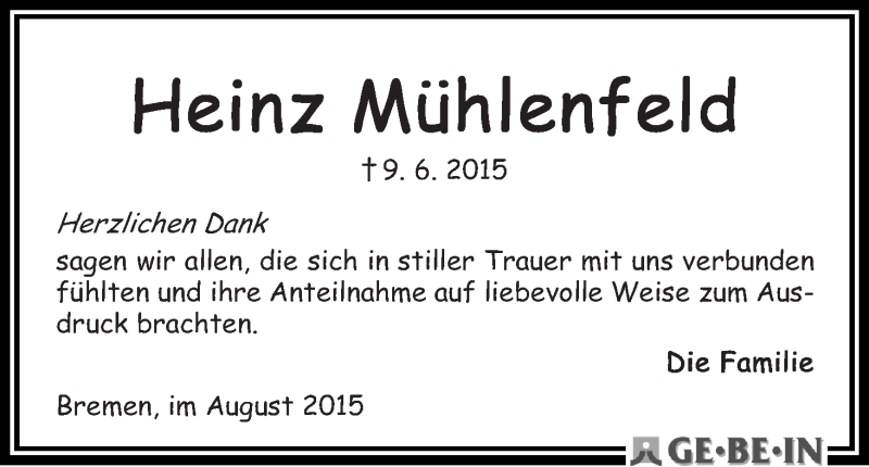 Traueranzeige von Heinz Mühlenfeld von WESER-KURIER